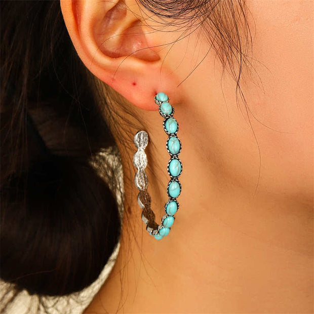 Buddha Stones Gorgeous Western Round Turquoise Stone Love Hoop Drop Dangle Earrings Earrings BS 2