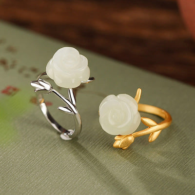 Buddha Stones 925 Sterling Silver Plated Gold Rose Flower Hetian White Jade Happiness Ring Ring BS main
