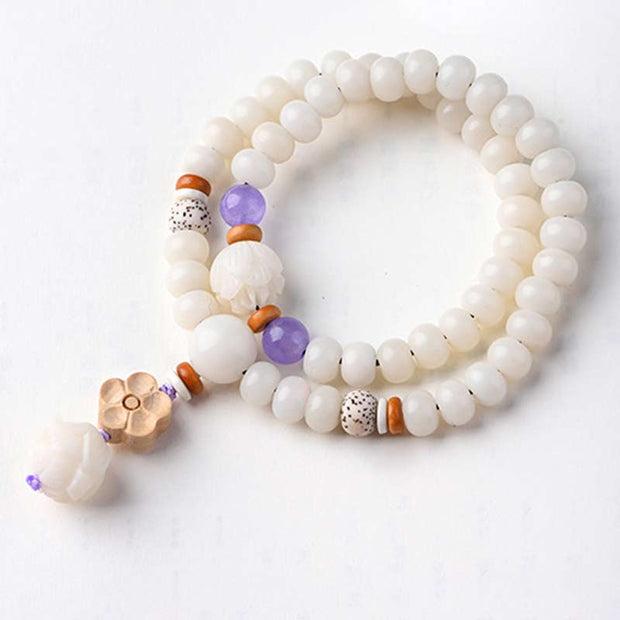 Buddha Stones Tibetan White Jade Bodhi Lotus Blessing Bracelet Bracelet BS 15