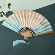 Buddha Stones Retro Lotus Flower Leaf Mountain Lake Handheld Silk Folding Fan With Bamboo Frames