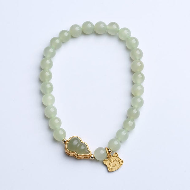 Buddha Stones 925 Sterling Silver Plated Gold Natural Hetian Jade Bead Gourd Lotus Bamboo Fu Character Luck Bracelet Bracelet BS Hetian Jade Gourd Tiger(Wrist Circumference 14-16cm)
