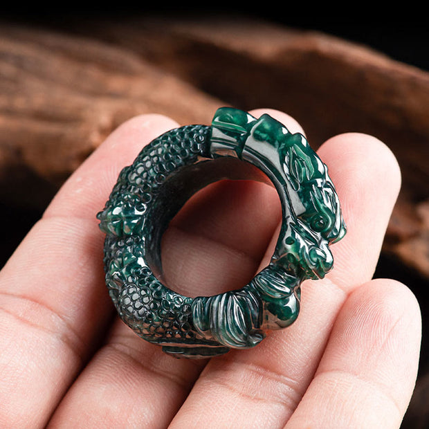 Buddha Stones Natural Cyan Jade Dragon Carved Success Ring Ring BS 5