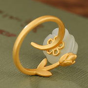 Buddha Stones 925 Sterling Silver Plated Gold Rose Flower Hetian White Jade Happiness Ring Ring BS 5