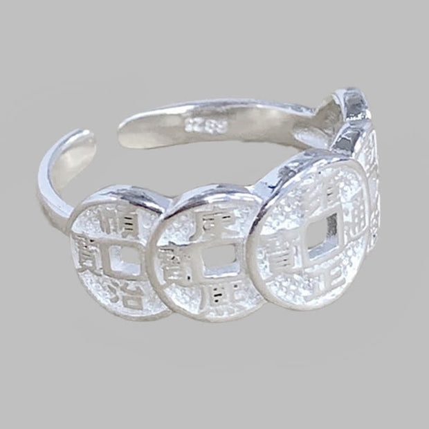 Buddha Stones Five-Emperor Coins Auspicious Wealth Adjustable Ring Ring BS 15