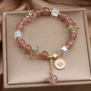 Buddha Stones Strawberry Quartz Lucky Four Leaf Clover Healing Charm Bracelet Bracelet BS 6