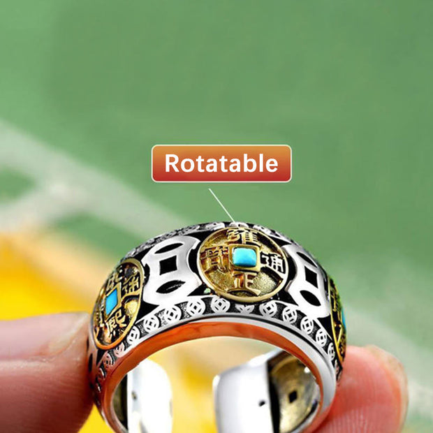 Buddha Stones Feng Shui Five Emperor Coins Turquoise Wealth Ring