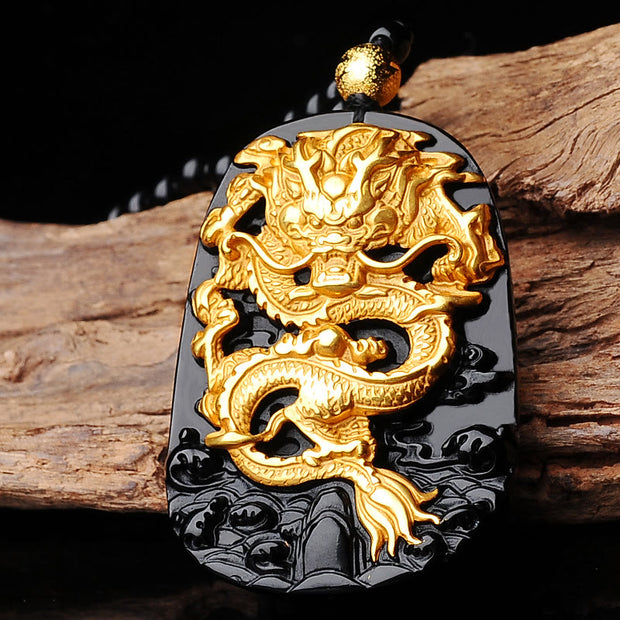 Buddha Stones 18k Gold-plated Dragon Obsidian Lucky Pendant Necklace Necklaces & Pendants BS Obsidian