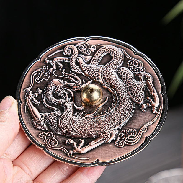 Buddha Stones Round Auspicious Dragon Protection Copper Alloy Stick Incense Burner Decoration