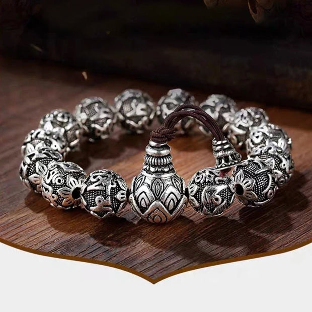 Buddha Stones Tibetan Om Mani Padme Hum Carved Alloy Beads Amulet Bracelet Bracelet BS 8