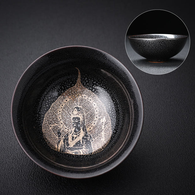 Buddha Stones Gold Leaf Chinese Jianzhan Dragon Phoenix Lotus Avalokitesvara Koi Fish Ceramic Teacup Tenmoku Kung Fu Tea Cup Bowl Jian Zhan Tea Cup BS 8.2cm*3.4cm*80ml Avalokitesvara