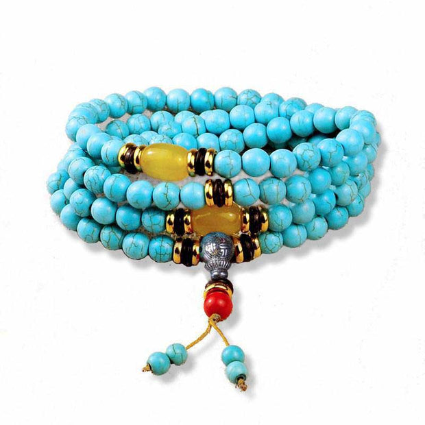 Buddha Stones Red Turquoise Amber Turquoise Bead Protection Bracelet Mala Mala Bracelet BS 5