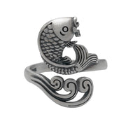 Buddha Stones 925 Sterling Silver Koi Fish Water Ripple Luck Wealth Ring Ring BS 14