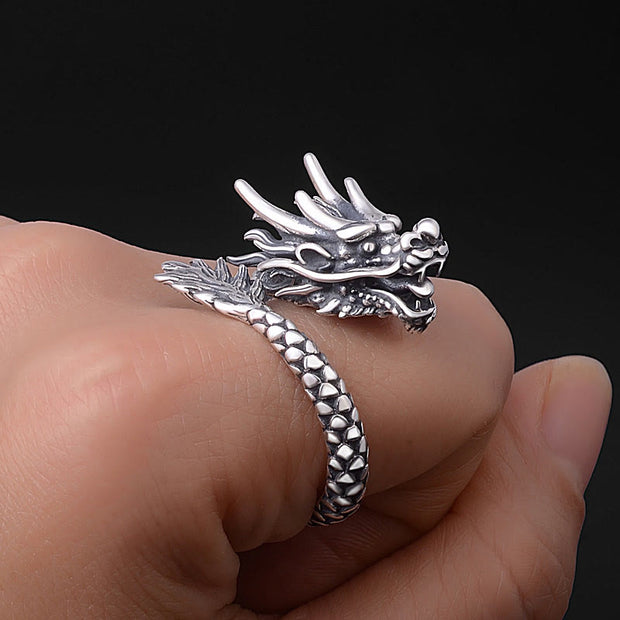 Buddha Stones 990 Sterling Silver Vintage Dragon Design Luck Protection Strength Adjustable Ring Ring BS 5