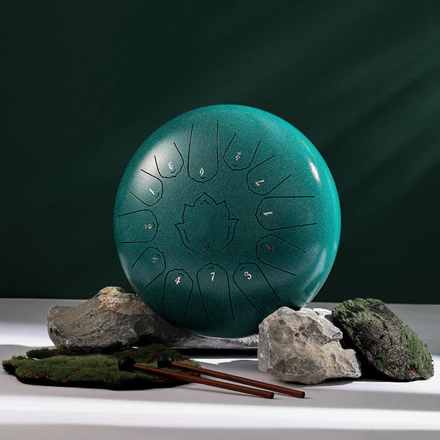 Buddha Stones Steel Tongue Drum Sound Healing Mindfulness Lotus Pattern Yoga Drum Kit 13 Note 12 Inch Percussion Instrument Tongue Drum BS Green