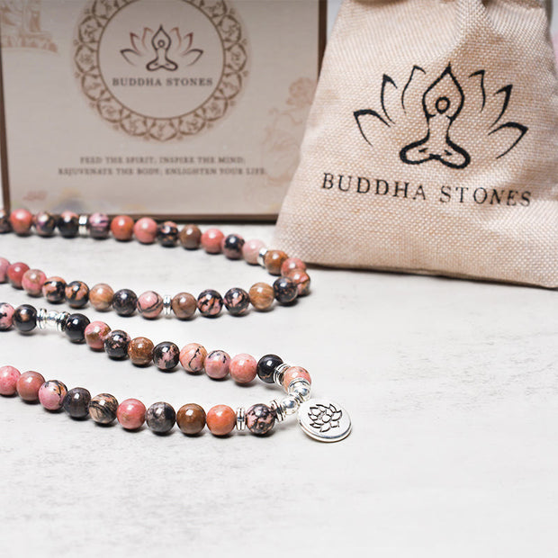 Buddha Stones 108 Mala Beads Rhodonite Lotus Compassion Energy Bracelet Mala Bracelet BS 4