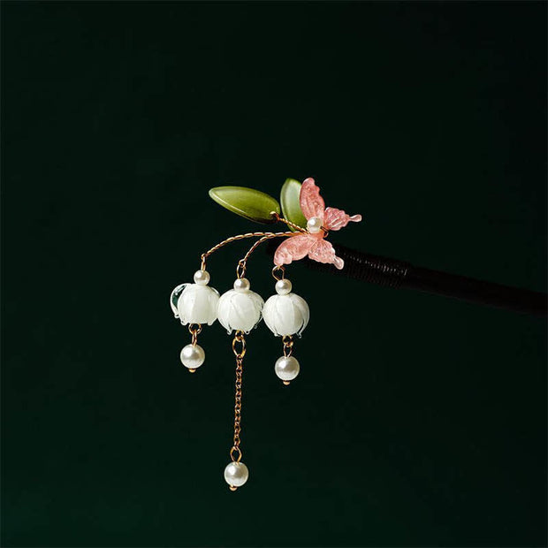 Buddha Stones Pearl Flower Butterfly Love Freedom Tassels Hairpin Hairpin BS Pink Butterfly