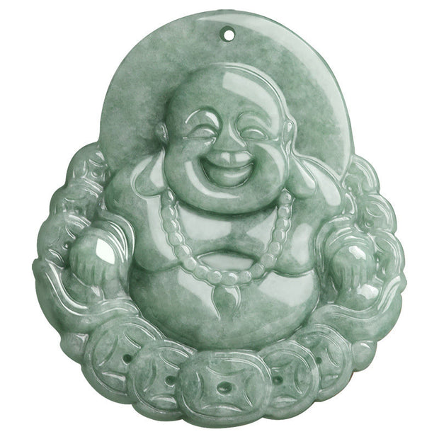 Buddha Stones Laughing Buddha Natural Jade Copper Coin Abundance Necklace Pendant Necklaces & Pendants BS 8
