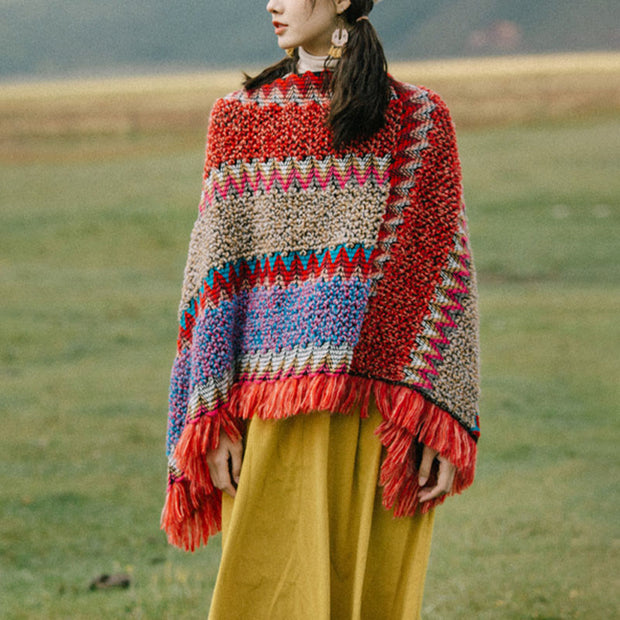 Buddha Stones Tibetan Shawl Knitting Warm Cloak Tibetan Tassel Scarf Tibetan Shawl BS Red Pullover