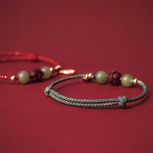Buddha Stones 14K Gold Plated Hetian Jade Cinnabar Lotus Luck Handcrafted Rope Bracelet Bracelet BS 12