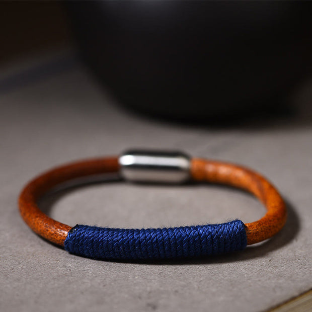 Buddha Stones Tibetan Leather Handmade Five Elements Luck Braid String Buckle Bracelet Bracelet BS Blue(Water) 19cm