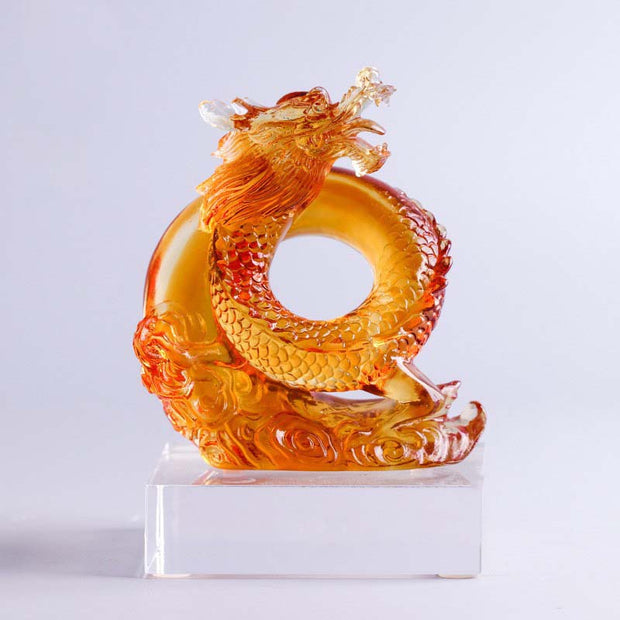 Buddha Stones Year of the Dragon Handmade Chinese Zodiac Yellow Dragon Liuli Crystal Art Piece Protection Home Office Decoration Decorations BS 9.8*4.2*11cm/3.86*1.65*4.33Inch