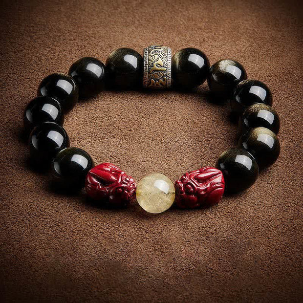 Buddha Stones Gold Sheen Obsidian PiXiu Cinnabar Om Mani Padme Hum Protection Bracelet Bracelet BS 11
