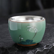 Buddha Stones 999 Sterling Silver Gilding Butterfly Goldfish Lotus Koi Fish Ceramic Teacup Kung Fu Tea Cup 120ml Cup BS Lotus 7.3cm*5.3cm*120ml