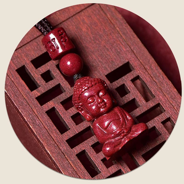 Buddha Stones Natural Cinnabar Buddha Pattern Om Mani Padme Hum Blessing String Necklace Pendant