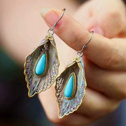 Buddha Stones 925 Sterling Silver Turquoise Bodhi Leaf Pattern Protection Drop Dangle Earrings Earrings BS 2