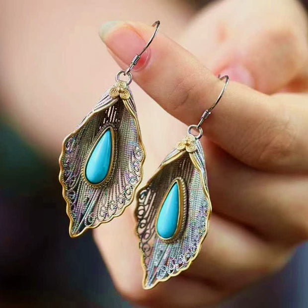 Buddha Stones 925 Sterling Silver Turquoise Bodhi Leaf Pattern Protection Drop Dangle Earrings Earrings BS 2