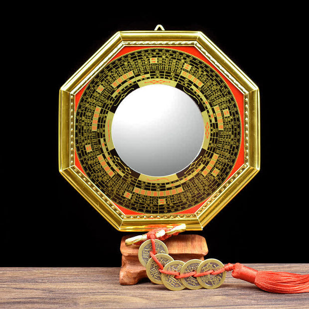 Buddha Stones Feng Shui Bagua Map Five-Emperor Coins Gourd Balance Living Room Energy Map Mirror Bagua Map BS Bagua Map&Five Emperor Coins 21cm Concave Mirror