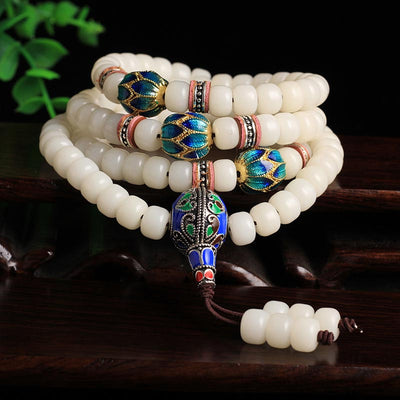 Buddha Stones 108 Beads White Bodhi Seed Mala Blessing Bracelet Mala Bracelet BS 8*10mm