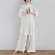 Buddha Stones 2Pcs Plain Design Zen Tai Chi Meditation Clothing Cotton Linen Top Pants Women's Set Clothes BS 13