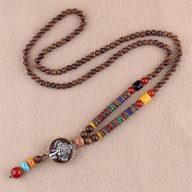 Buddha Stones Tibetan Wenge Wood Bodhi Seed Agate Elephant Protection Necklace Pendant Necklaces & Pendants BS Wenge Wood&Elephant
