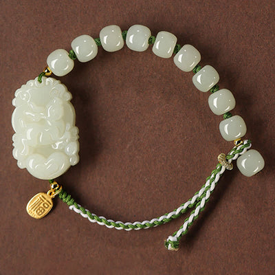 Buddha Stones 925 Sterling Silver Chinese Zodiac Hetian Jade Happiness Luck String Bracelet Bracelet BS Rabbit