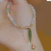 Buddha Stones 14K Gold Plated Hetian White Jade Bamboo Leaf Luck Protection Bracelet