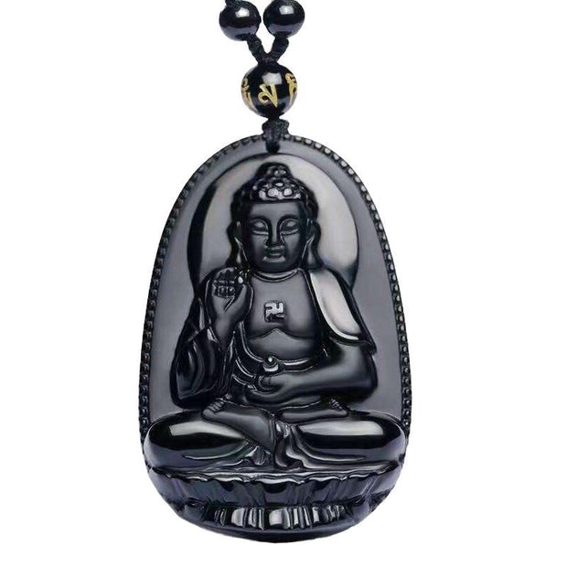 Buddha Stones Chinese Zodiac Obsidian Buddha Amulet Protection Pendant Necklace Necklaces & Pendants BS 8
