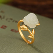 Buddha Stones 925 Sterling Silver Plated Gold Rose Flower Hetian White Jade Happiness Ring Ring BS 2
