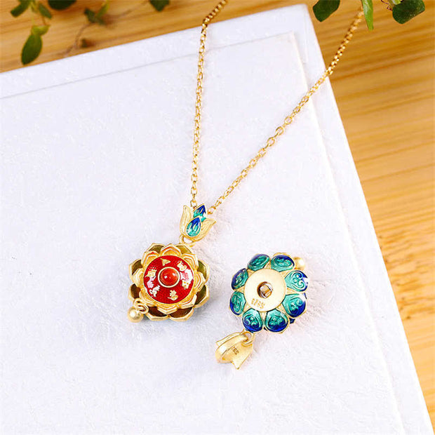Buddha Stones 925 Sterling Silver Tibet Lotus Prayer Wheel Red Agate Enlightenment Necklace Pendant Necklaces & Pendants BS 7