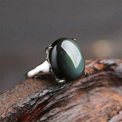 Buddha Stones Natural Rainbow Obsidian Crystal Protection Amulet Lucky Ring