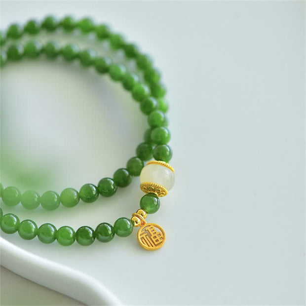 Buddha Stones Hetian Cyan Jade Happiness Blessing Bracelet Bracelet BS 6