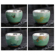Buddha Stones 999 Sterling Silver Gilding Butterfly Goldfish Lotus Koi Fish Ceramic Teacup Kung Fu Tea Cup 120ml Cup BS 13