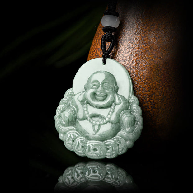Buddha Stones Laughing Buddha Natural Jade Copper Coin Abundance Necklace Pendant Necklaces & Pendants BS 5