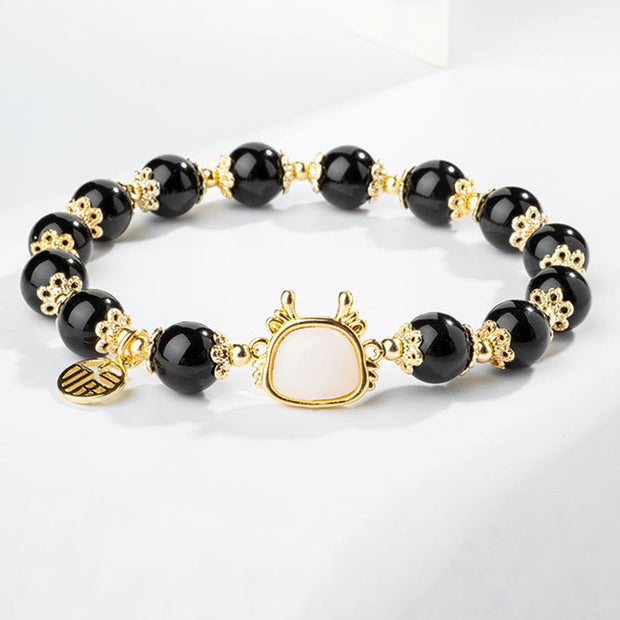 Buddha Stones Year Of The Dragon Natural Red Agate Black Onyx Luck Fu Character Bracelet Bracelet BS 6