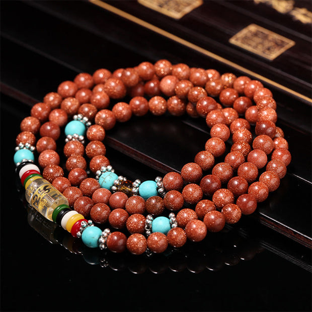 Buddha Stones 108 Mala Beads Goldstone Om Mani Padme Hum Swastika Confidence Bracelet Mala Bracelet BS 6