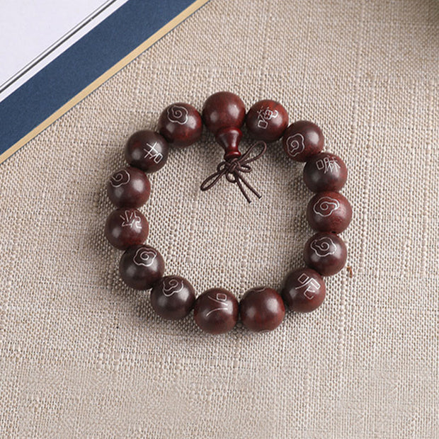 Buddha Stones 925 Sterling Silver Inlaid Small Leaf Red Sandalwood Om Mani Padme Hum Character Auspicious Clouds Protection Bracelet