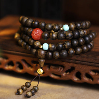 Buddha Stones 108 Mala Beads Agarwood Red Agate Turquoise Peace Meditation Bracelet Bracelet Mala BS Agarwood