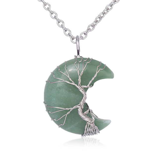 Buddha Stones Natural Quartz Crystal Moon Tree Of Life Healing Energy Necklace Pendant Necklaces & Pendants BS Green Aventurine