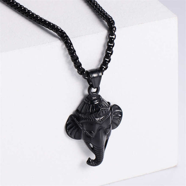 Buddha Stones Ganesh Ganpati Elephant Titanium Steel Protection Pendant Necklace