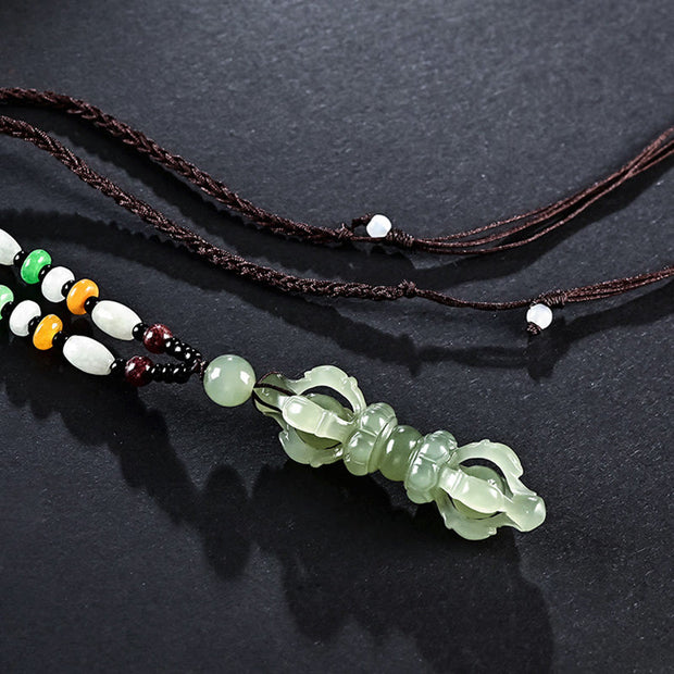 Buddha Stones Tibetan Natural Hetian Cyan Jade White Jade Dorje Vajra Engraved Success Necklace Pendant Necklaces & Pendants BS 7